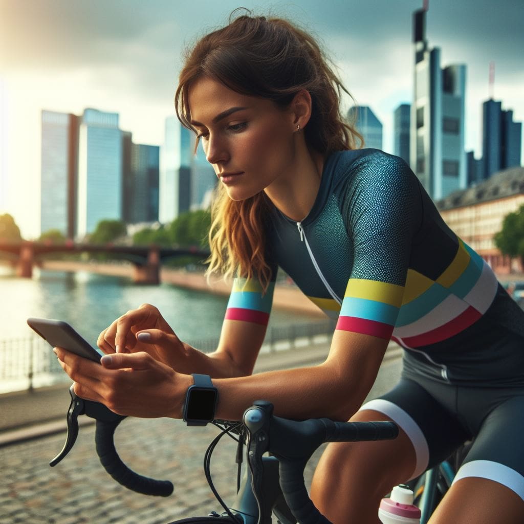 Rennradfahrerin nutzt Web-App vor Frankfurter Skyline